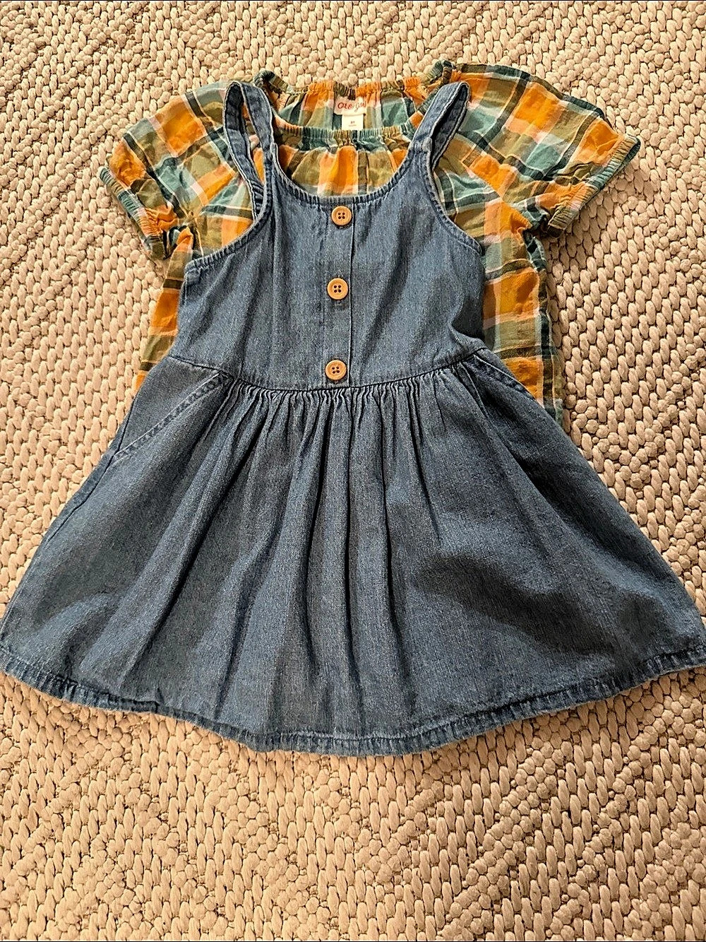OshKosh B'gosh Girls Denim Jumper Dress with Plaid Top